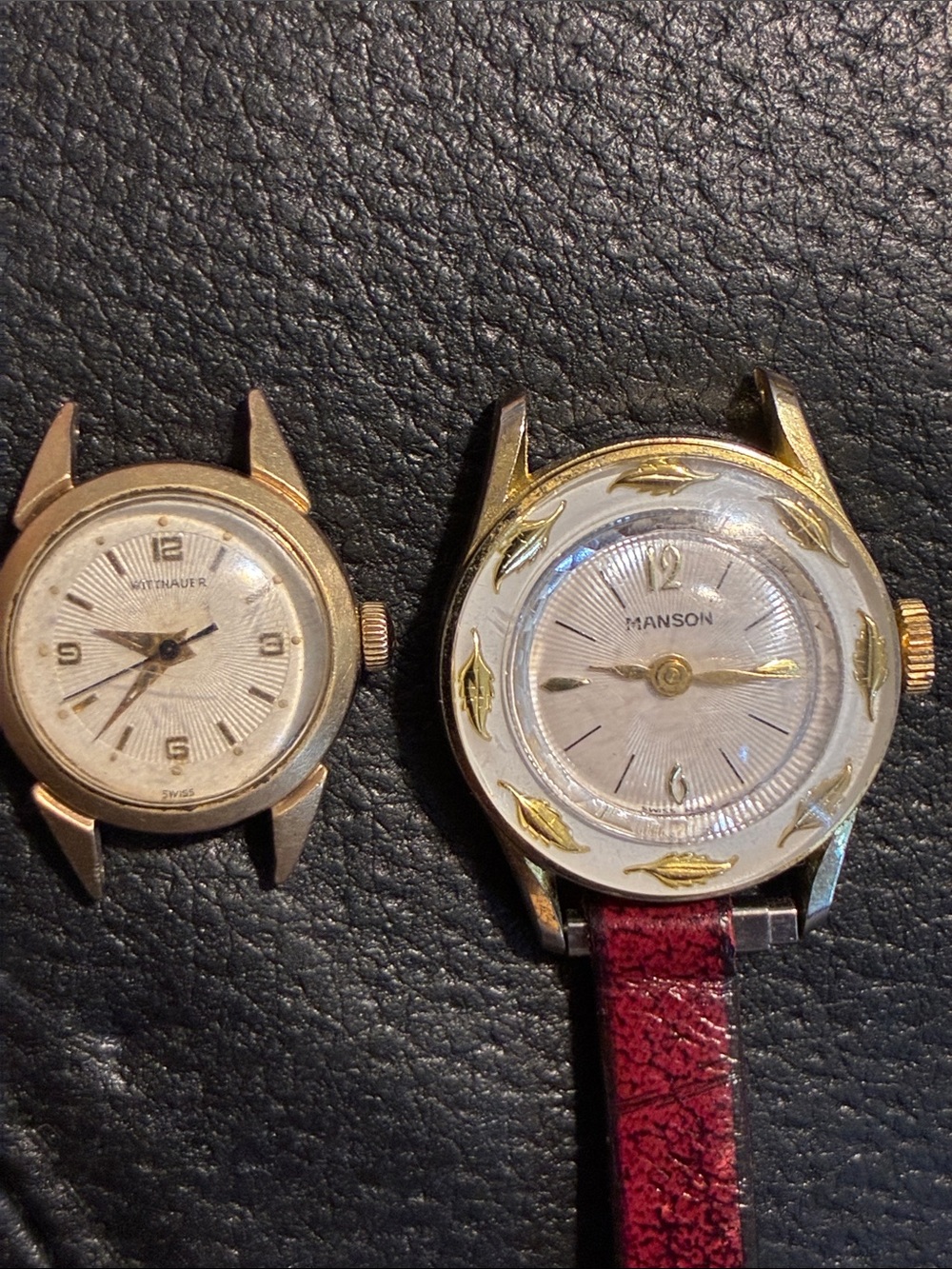 Manson Gold-Tone Vintage Watch with Red Strap, and wittnauer vintage watch.